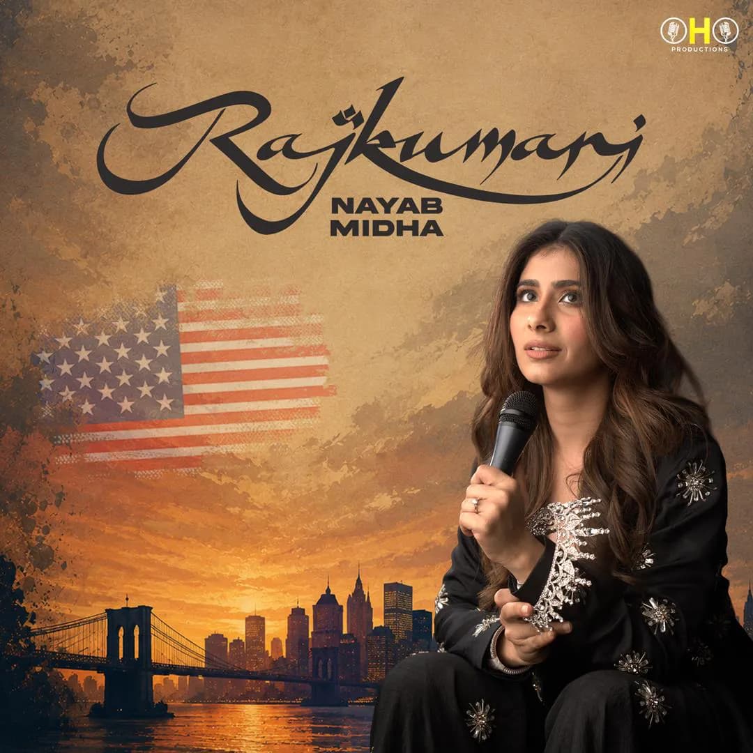 Rajkumari tour artwork: Nayab Midha on stage with a microphone against a New York skyline